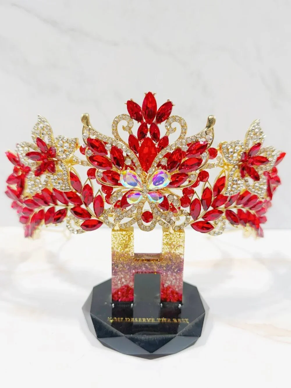 Red Crystal Butterfly Tiara Crown Gold Tone Pageant Prom Wedding Headpiece
